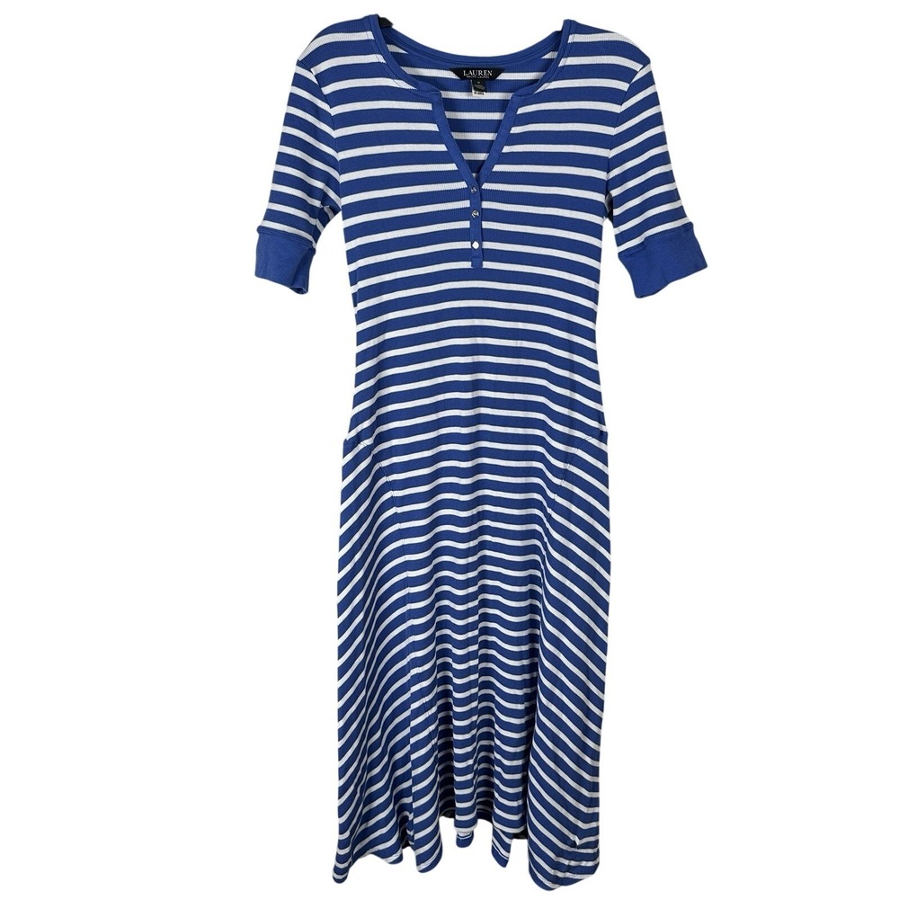 Lauren Ralph Lauren Striped Waffle Knit Cotton Henley Dress Sz Medium Blue Midi